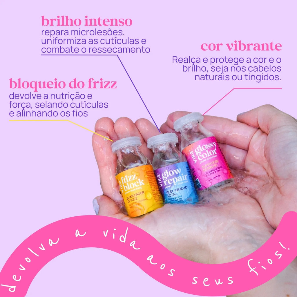 TRIO S.O.S. BRILHO ALINHADO: sérum finalizador + cera antifrizz + trio de ampolas