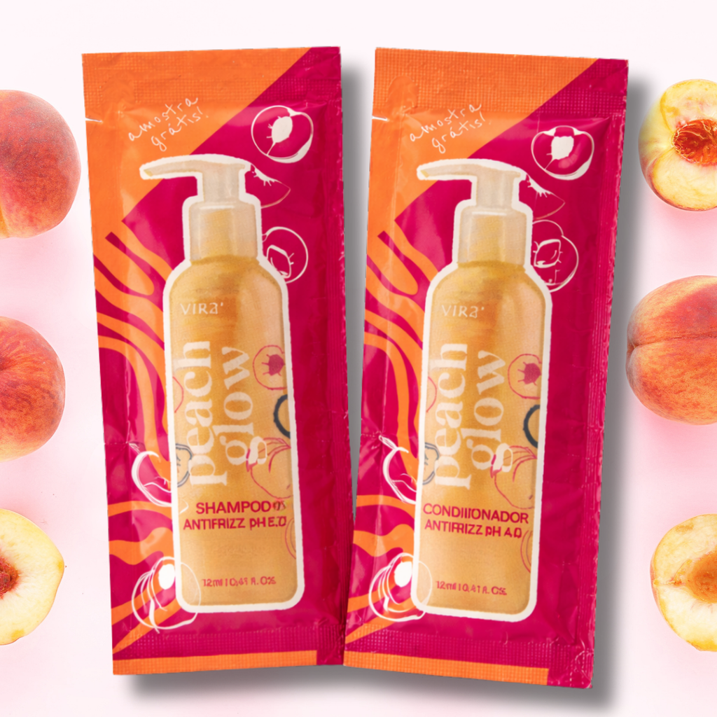 SACHÊ KIT PEACH GLOW: shampoo + condicionador antifrizz 12ml